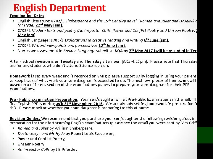 English Department Examination Dates: • English Literature: 8702/1 Shakespeare and the 19 th Century