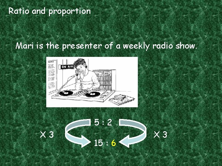 Ratio and proportion Mari is the presenter of a weekly radio show. 5: 2