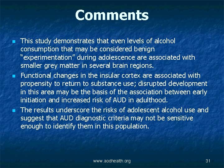 Comments n n n This study demonstrates that even levels of alcohol consumption that