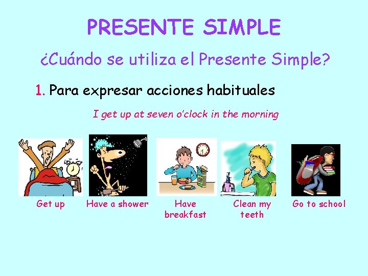 PRESENTE SIMPLE ¿Cuándo se utiliza el Presente Simple? 1. Para expresar acciones habituales I