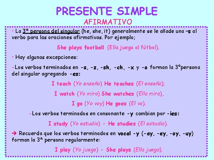 PRESENTE SIMPLE AFIRMATIVO • La 3ª persona del singular (he, she, it) generalmente se