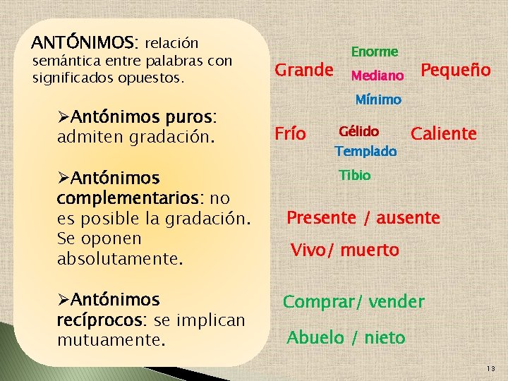ANTÓNIMOS: relación semántica entre palabras con significados opuestos. ØAntónimos puros: admiten gradación. ØAntónimos complementarios: