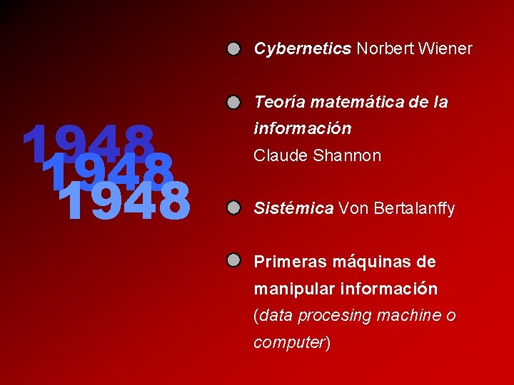 Cybernetics Norbert Wiener 1948 Teoría matemática de la información Claude Shannon Sistémica Von Bertalanffy