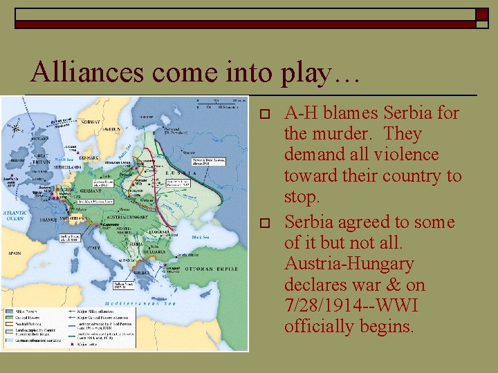 Alliances come into play… o o A-H blames Serbia for the murder. They demand