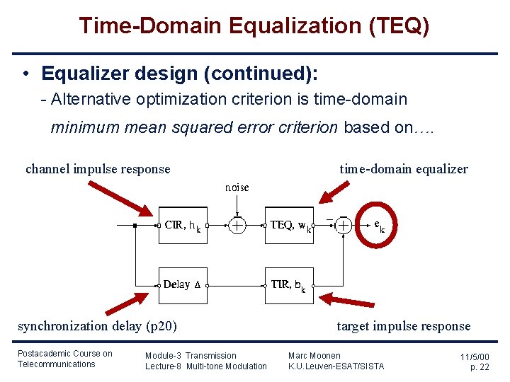 Time-Domain Equalization (TEQ) • Equalizer design (continued): - Alternative optimization criterion is time-domain minimum