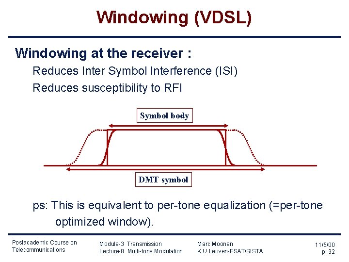 Windowing (VDSL) Windowing at the receiver : Reduces Inter Symbol Interference (ISI) Reduces susceptibility