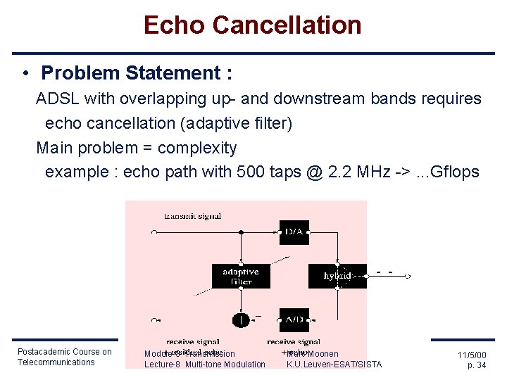 Echo Cancellation • Problem Statement : ADSL with overlapping up- and downstream bands requires