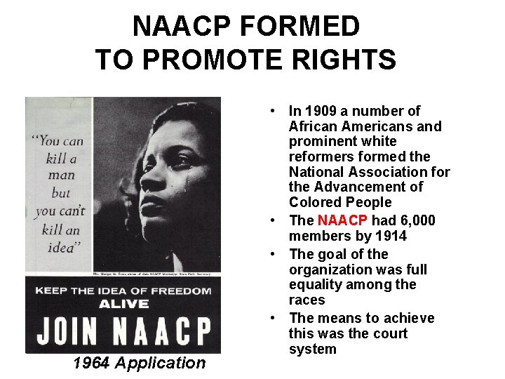 NAACP FORMED TO PROMOTE RIGHTS 1964 Application • In 1909 a number of African