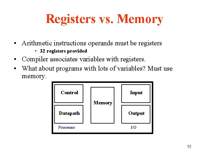 Registers vs. Memory • Arithmetic instructions operands must be registers • 32 registers provided