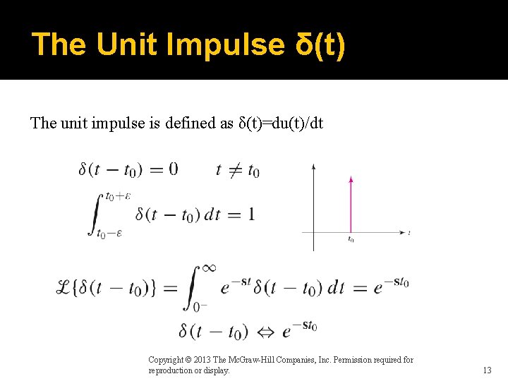 The Unit Impulse δ(t) The unit impulse is defined as δ(t)=du(t)/dt Copyright © 2013