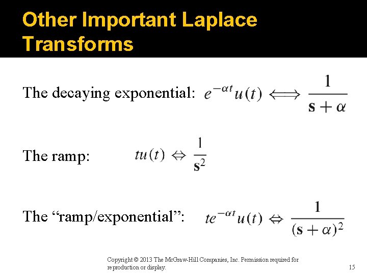 Other Important Laplace Transforms The decaying exponential: The ramp: The “ramp/exponential”: Copyright © 2013