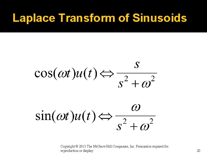 Laplace Transform of Sinusoids Copyright © 2013 The Mc. Graw-Hill Companies, Inc. Permission required