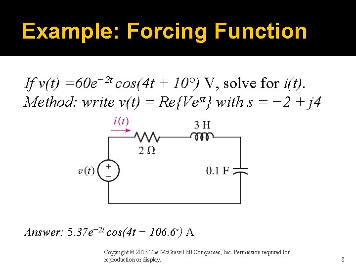Example: Forcing Function If v(t) =60 e− 2 t cos(4 t + 10°) V,