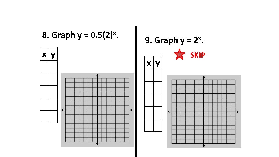 8. Graph y = 0. 5(2)x. x y 9. Graph y = 2 x.