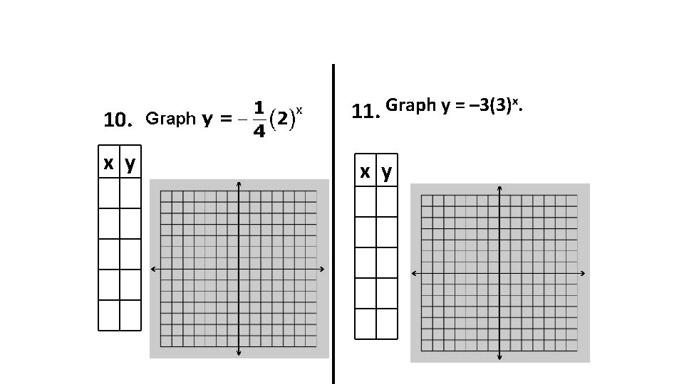 10. x y x. Graph y = – 3(3) 11. x y 