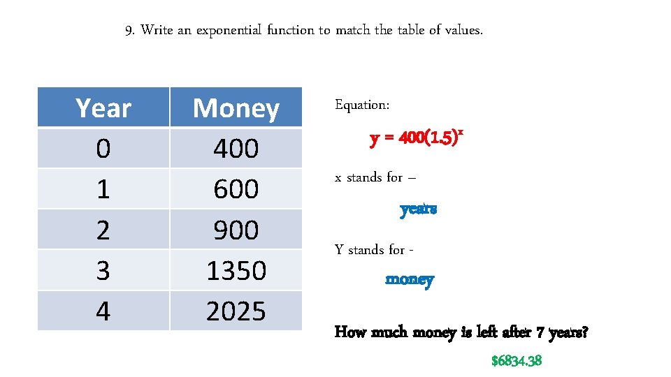 9. Write an exponential function to match the table of values. Year 0 1