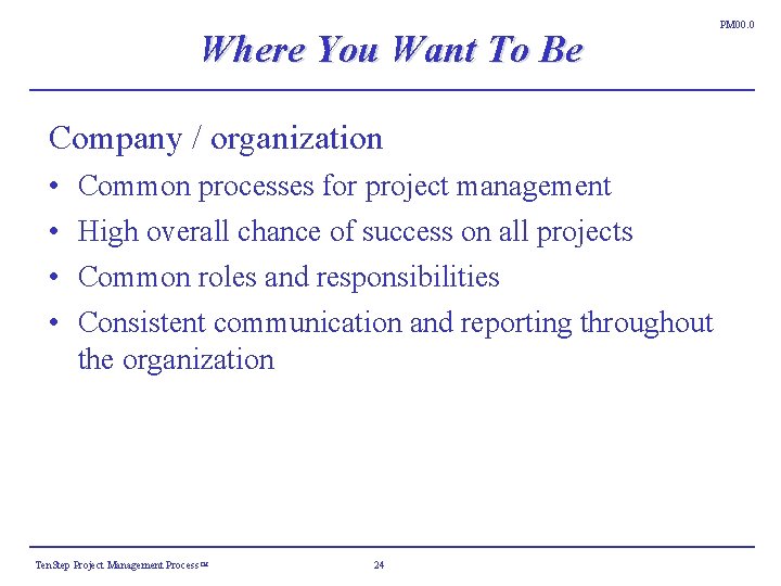Where You Want To Be Company / organization • • Common processes for project Where You Want To Be Company / organization • • Common processes for project