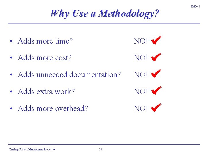 Why Use a Methodology? • Adds more time? NO! • Adds more cost? NO! Why Use a Methodology? • Adds more time? NO! • Adds more cost? NO!