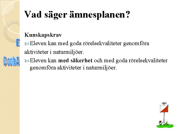 Vad säger ämnesplanen? Kunskapskrav Eleven kan med goda rörelsekvaliteter genomföra aktiviteter i naturmiljöer. Eleven