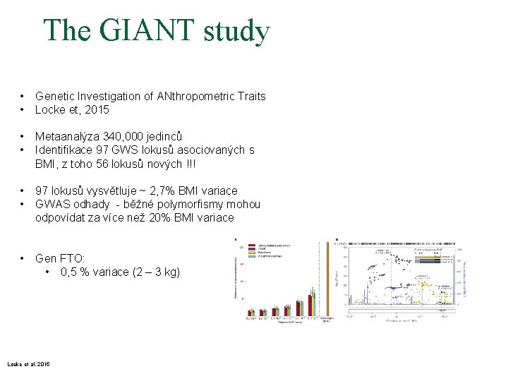 The GIANT study • • Genetic Investigation of ANthropometric Traits Locke et, 2015 •