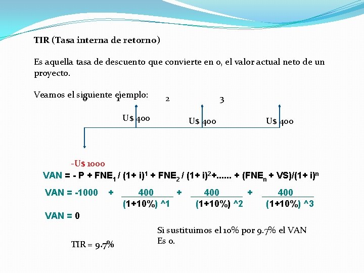 TIR (Tasa interna de retorno) Es aquella tasa de descuento que convierte en 0,