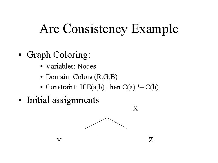 Arc Consistency Example • Graph Coloring: • Variables: Nodes • Domain: Colors (R, G,