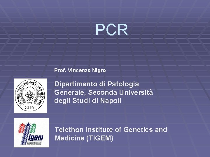 PCR Prof. Vincenzo Nigro Dipartimento di Patologia Generale, Seconda Università degli Studi di Napoli