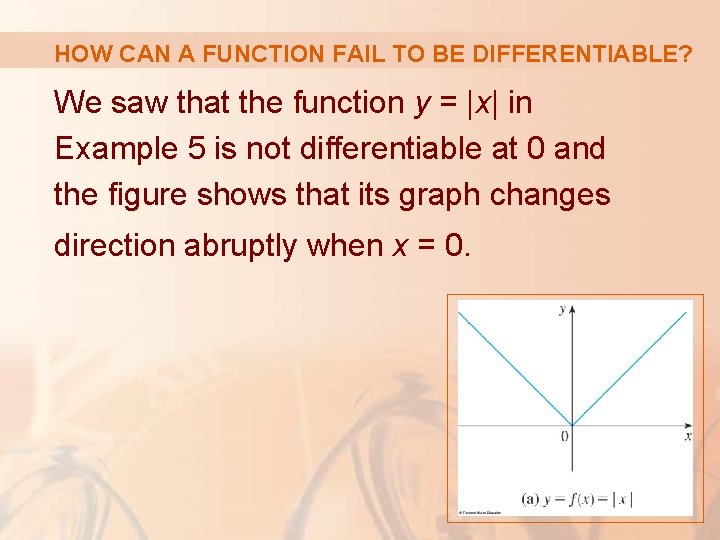 HOW CAN A FUNCTION FAIL TO BE DIFFERENTIABLE? We saw that the function y