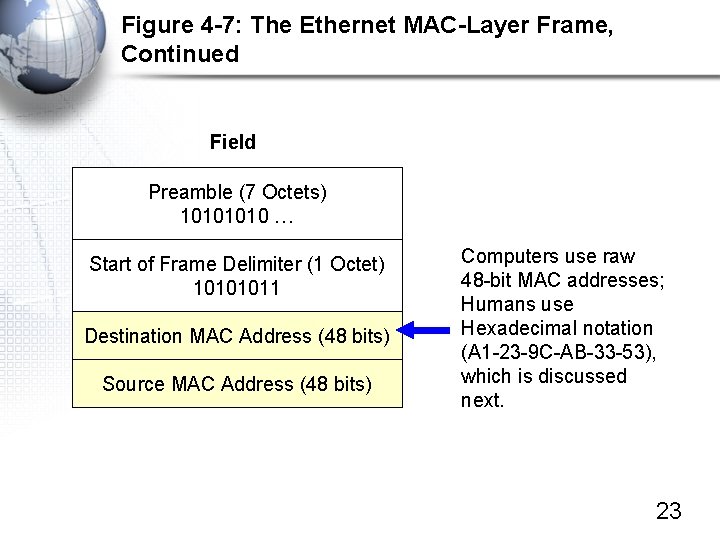 Figure 4 -7: The Ethernet MAC-Layer Frame, Continued Field Preamble (7 Octets) 1010 …