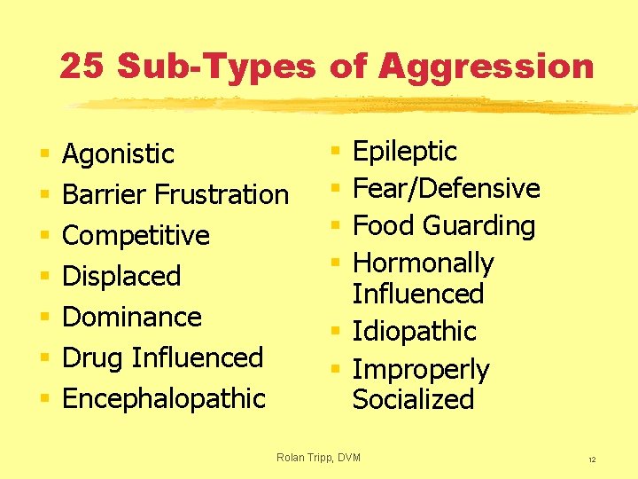 25 Sub-Types of Aggression § § § § Agonistic Barrier Frustration Competitive Displaced Dominance