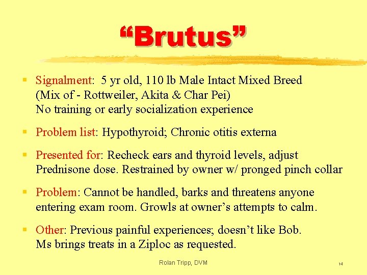 “Brutus” § Signalment: 5 yr old, 110 lb Male Intact Mixed Breed (Mix of