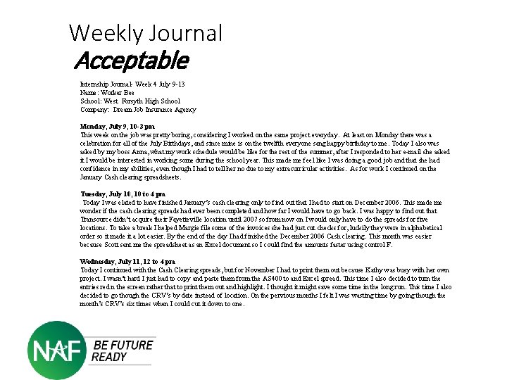 Weekly Journal Acceptable Internship Journal- Week 4 July 9 -13 Name: Worker Bee School: