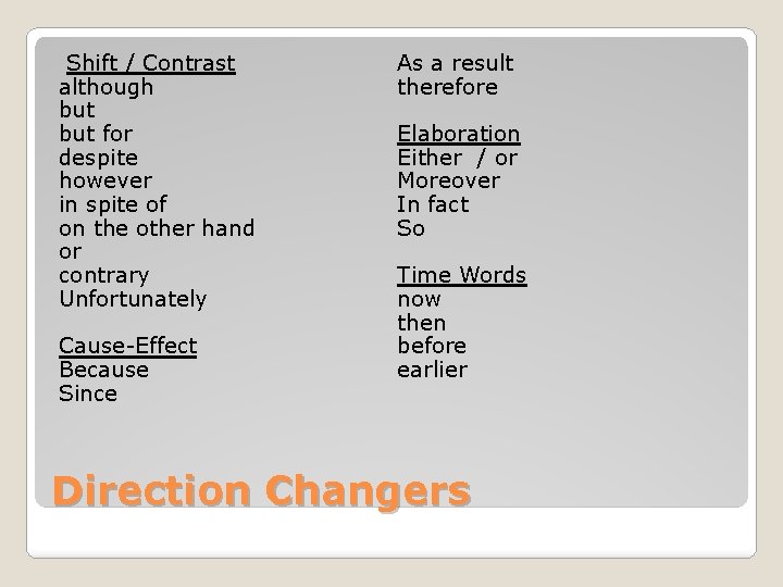  Shift / Contrast although but for despite however in spite of on the