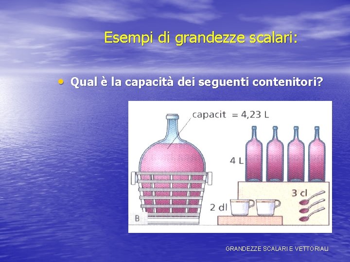 Esempi di grandezze scalari: • Qual è la capacità dei seguenti contenitori? GRANDEZZE SCALARI