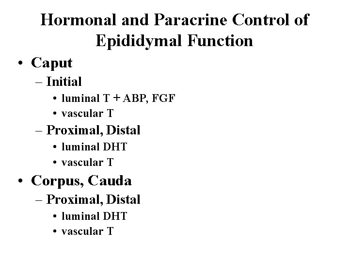 Hormonal and Paracrine Control of Epididymal Function • Caput – Initial • luminal T