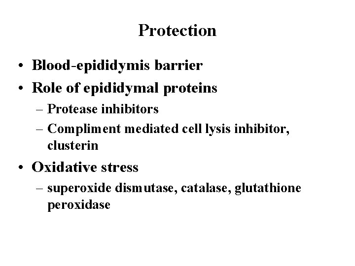 Protection • Blood-epididymis barrier • Role of epididymal proteins – Protease inhibitors – Compliment