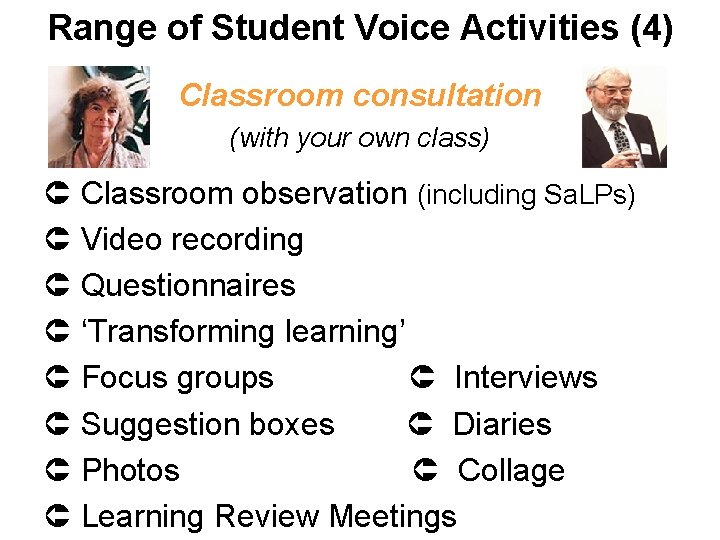 Range of Student Voice Activities (4) Classroom consultation (with your own class) Classroom observation