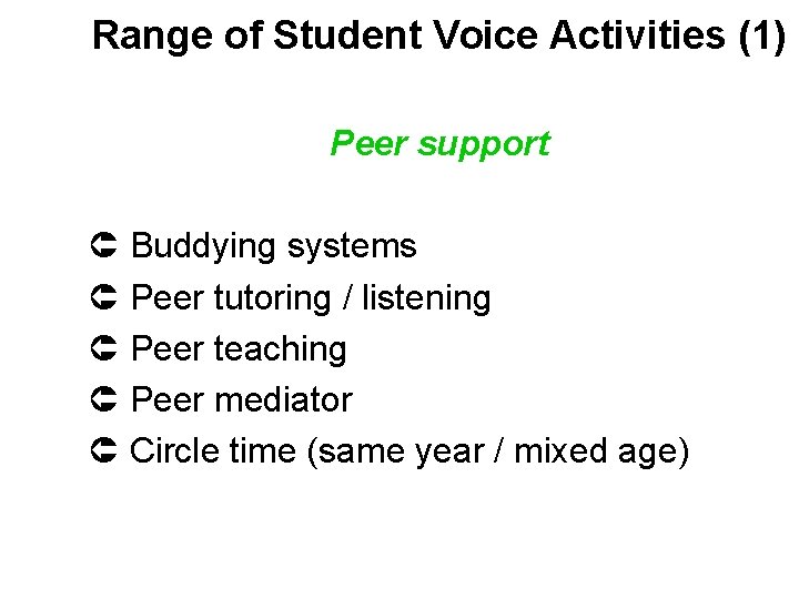 Range of Student Voice Activities (1) Peer support Buddying systems Peer tutoring / listening Range of Student Voice Activities (1) Peer support Buddying systems Peer tutoring / listening