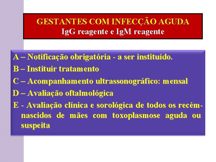 GESTANTES COM INFECÇÃO AGUDA Ig. G reagente e Ig. M reagente A – Notificação