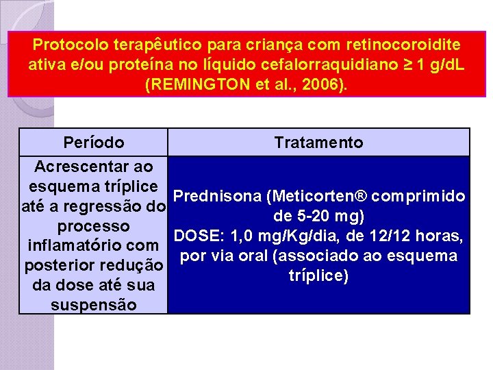 Protocolo terapêutico para criança com retinocoroidite ativa e/ou proteína no líquido cefalorraquidiano ≥ 1