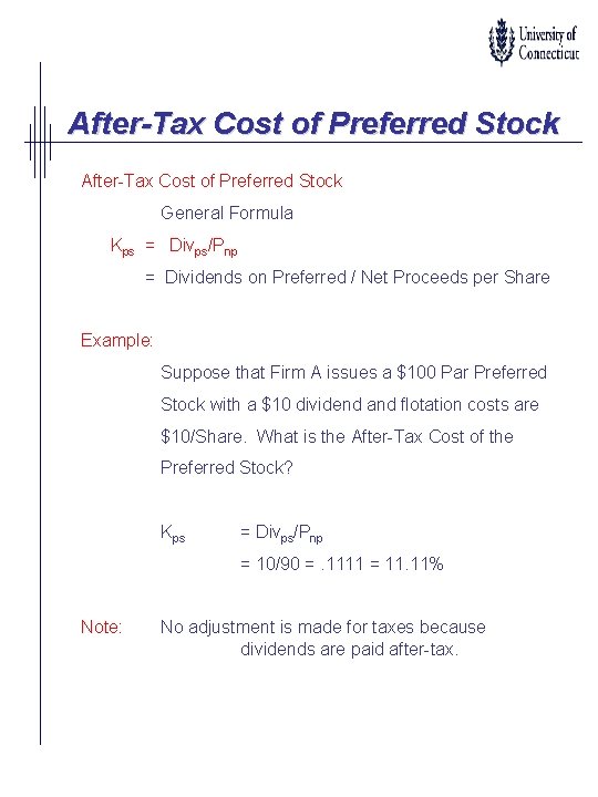 After-Tax Cost of Preferred Stock General Formula Kps = Divps/Pnp = Dividends on Preferred After-Tax Cost of Preferred Stock General Formula Kps = Divps/Pnp = Dividends on Preferred