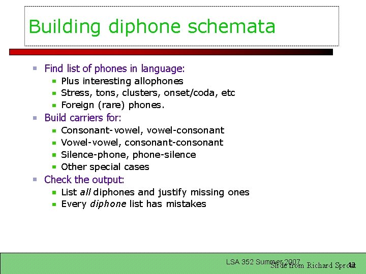 Building diphone schemata Find list of phones in language: Plus interesting allophones Stress, tons,