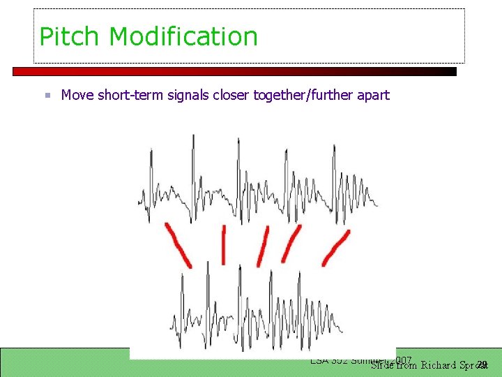 Pitch Modification Move short-term signals closer together/further apart LSA 352 Summer 29 Slide 2007