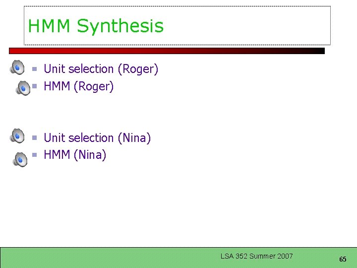 HMM Synthesis Unit selection (Roger) HMM (Roger) Unit selection (Nina) HMM (Nina) LSA 352