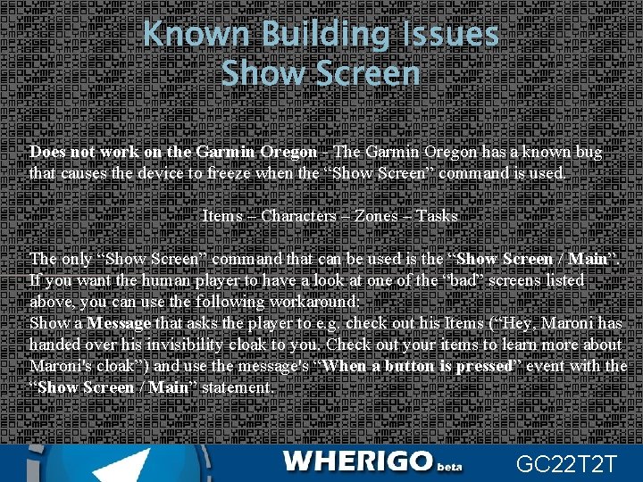 Known Building Issues Show Screen Does not work on the Garmin Oregon - The