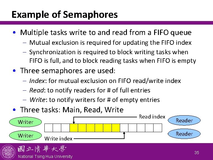 Example of Semaphores • Multiple tasks write to and read from a FIFO queue