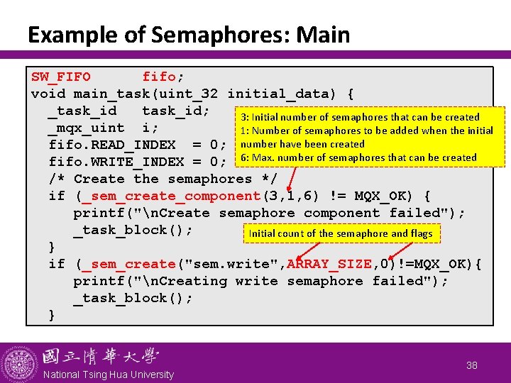 Example of Semaphores: Main SW_FIFO fifo; void main_task(uint_32 initial_data) { _task_id; 3: Initial number