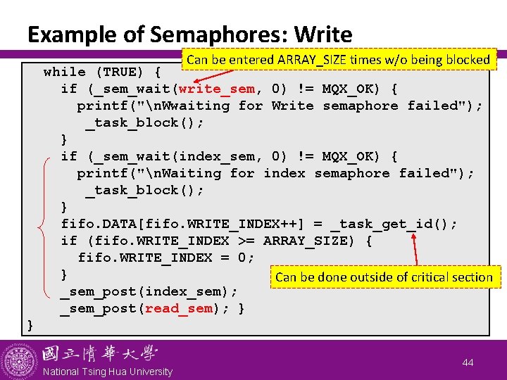 Example of Semaphores: Write Can be entered ARRAY_SIZE times w/o being blocked while (TRUE)