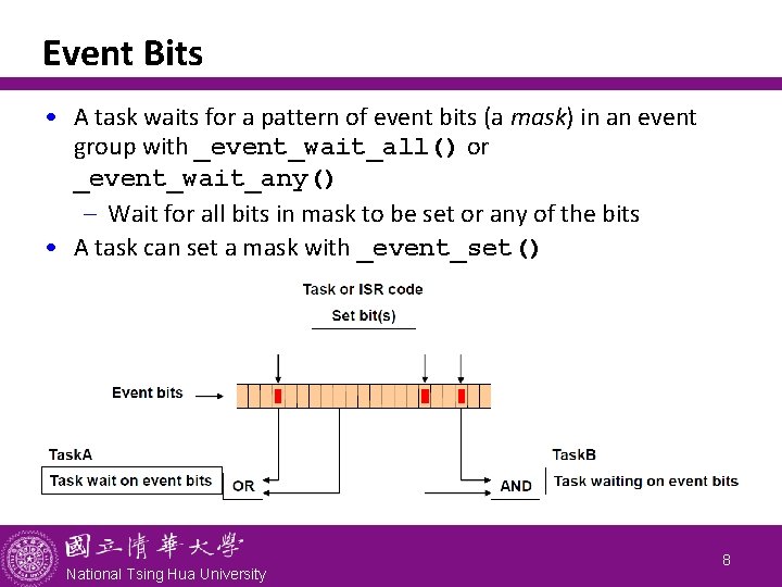 Event Bits • A task waits for a pattern of event bits (a mask)