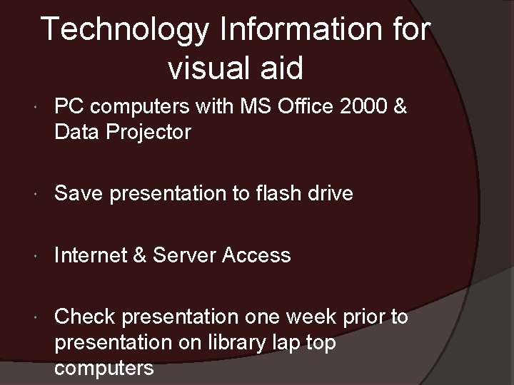 Technology Information for visual aid PC computers with MS Office 2000 & Data Projector